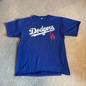 Majestic LA Dodgers Blue/Red Jersey T Shirt Stitched Lettering | Men's Large